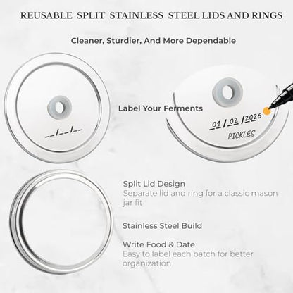 Jillmo Fermentation Lids for Wide Mouth Mason Jars, Stainless Steel Auto Venting Fermenting Lid Kit with Airlocks & Silicone Grommets for Pickles, Kimchi & Sauerkraut, 6 Pack, No Jars Included - size: Pack of 6