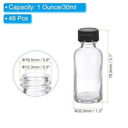 PATIKIL 1oz(30ml) Glass Sample Bottles, 48Pcs Round Bottle Dispensing Bottles with Black Poly Cone Cap for Reagent Liquids, Juice, Perfume Hot Sauce Ginger Shots, Transparent - color: Clear,Black, size: 1 fl oz