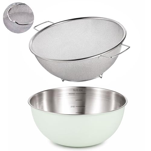304 Stainless Steel Rice Washing Bowl and 40 Mesh Strainer Set, 3.5QT | 40-mesh strainer helps prevent grain loss while measurement marks and sturdy handles make rinsing and draining easier. - color: Green