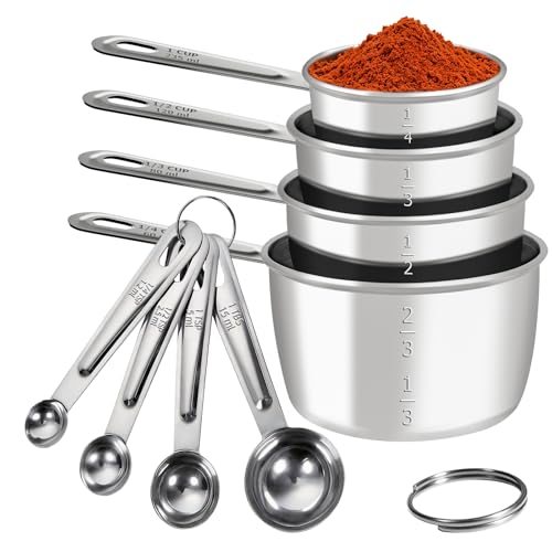 8 PCS Stainless Steel Measuring Cups and Spoons Set, Premium Measure Cups and Spoons Long Handle Stackable Measuring Cups for Kitchen Cooking & Baking, Dry & Liquid Dishwasher Safe