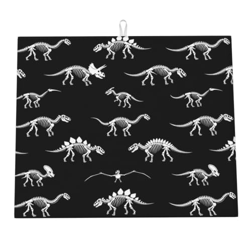 Black Dinosaur Skeletons Dish Drying Mats for Kitchen Counter, Super Absorbent Microfiber Drainer Pad, Washable Reversible Appliance Protector, Everyday Kitchen Must-Have, 16x18 Inch - color: Black Dinosaur Skeletons