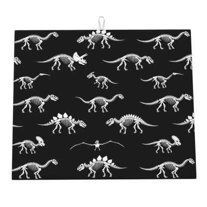 Black Dinosaur Skeletons Dish Drying Mats for Kitchen Counter, Super Absorbent Microfiber Drainer Pad, Washable Reversible Appliance Protector, Everyday Kitchen Must-Have, 16x18 Inch - color: Black Dinosaur Skeletons