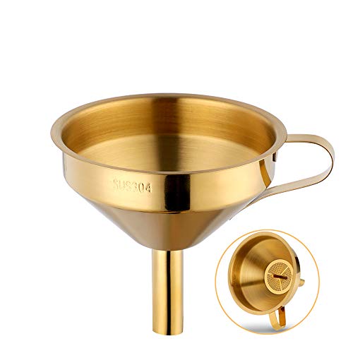 Stainless Steel Wide Mouth Funnels with Detachable Strainer, 5-inch Funnel for Filling Small Bottles and Jars, Cooking Oil and Transmission Liquid and Powder, Food Grade Metal Kitchen Funnels Gold - color: Gold
