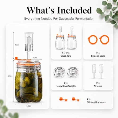 Fermentation Jars, 1.1L Fermenting Kit with Airlocks &Glass Weights, 2-Pack | Wide-Mouth Jars with Self-Burping Airlocks and Glass Weights for Sauerkraut, Kimchi, Pickles and Other Ferments - size: 1.1 Liter