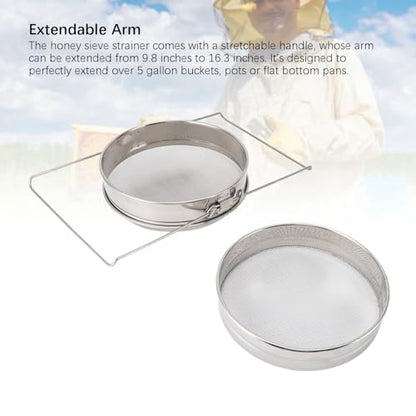 Double Sieve Honey Strainer | 2 Meshes Separate Wax & Impurities | Extendable Arm Fits 5 Gallon Buckets/Pans | Stainless Steel Beekeeping Equipment