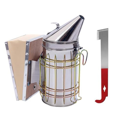 POLLIBEE Bee Smoker Stainless Steel Smoker Kit with Heat Shield Bee Hive Tool J Hook Beekeeping Supplies and Beekeeper Tool Set
