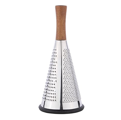 Cone Cheese Grater with Handle Stainless Steel Triple Function Wood Handle Parmesan Shaver Non-Slip Rubber Bottom Hand Held Multifunction Vegetables Cheese Grater with container (L: 10.6" X 4.7") - size: Size L: 10.6" X 4.7"