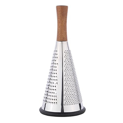 Cone Cheese Grater with Handle Stainless Steel Triple Function Wood Handle Parmesan Shaver Non-Slip Rubber Bottom Hand Held Multifunction Vegetables Cheese Grater with container (L: 10.6" X 4.7") - size: Size L: 10.6" X 4.7"