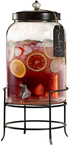 Style Setter Franklin 210235-GB 3 Gallon Glass Beverage Drink Dispensers with Metal Stand & Lid, Tag and Ceramic Knob, Clear, 20x11"