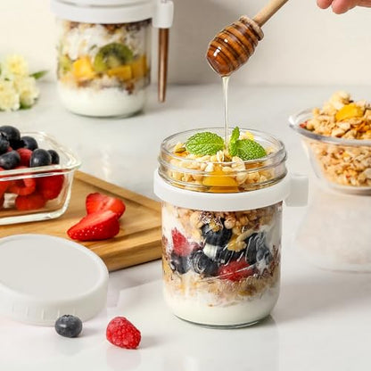 6 Pack Overnight Oats Containers with Lids and Spoons, 16 oz Glass Mason Overnight Oats Jars, Large Capacity Airtight Jars for Milk, Cereal, Fruit(White) - color: White