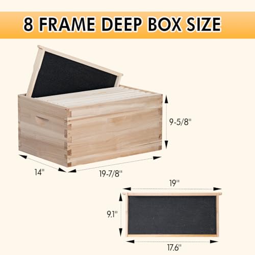 POLLIBEE 8 Frame Deep Bee Hive Box, Langstoth Deep Brood Bee Box for Beekeeper,Include Beehive Frames and Wax Foundations (unassembled)