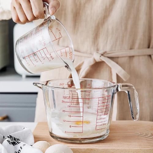 X-Large Tempered Glass Measure Cup - Bold Red Increments - 32 oz. - 4 Cup or 1000L- 10DL Multi Purpose Measuring, Liquid & Dry Ingredients - Kitchen Tool - Red