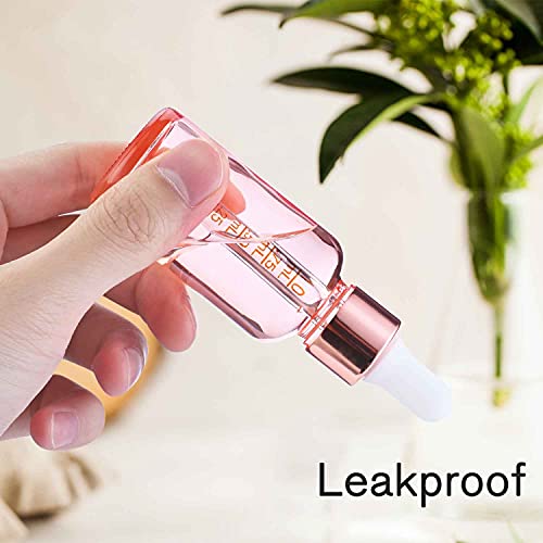 PrettyCare Glass Eye Dropper Bottles 99 Pack, 1oz (30ml) Rose Empty Thick Bottles Bulk with Leakproof Caps - With Labels & Funnels for for Storage, Travel,Essential Oils, DIY Serums - color: 1oz Rose, style: 99 Pack