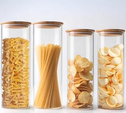 66 oz Glass Food Storage Jars with Airtight Lids, Tall Clear Glass Jar with Bamboo Lid, Airtight Food Canister for Pasta, Candy, Coffee, Sugar, Cookie, Snack. (Round | 10+11 Inch) x2 - color: Round 4 Pack (66+37oz)x2