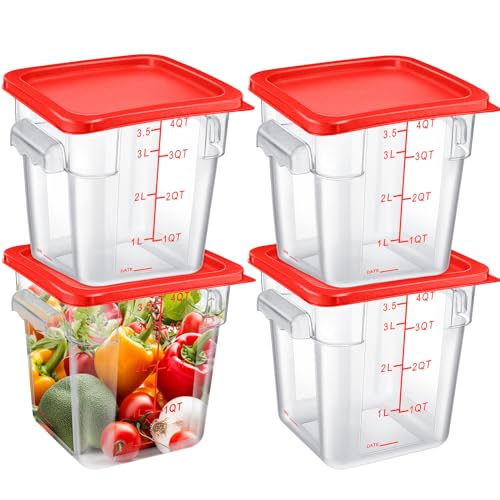 Maxcheck 4 Pcs 4qt Food Storage Container with Lids Bulk Clear Plastic Commercial Food Storage Bins with Scale Handle Space Saving Restaurant Tubs for Kitchen Prep Proof Dough(Red) - color: Red
