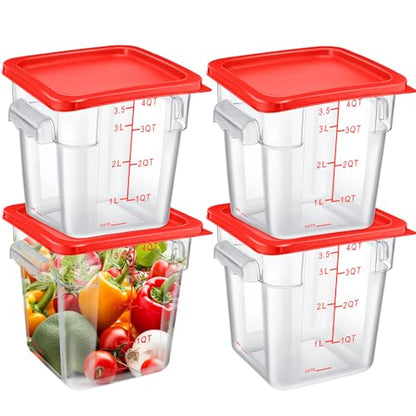 Maxcheck 4 Pcs 4qt Food Storage Container with Lids Bulk Clear Plastic Commercial Food Storage Bins with Scale Handle Space Saving Restaurant Tubs for Kitchen Prep Proof Dough(Red) - color: Red