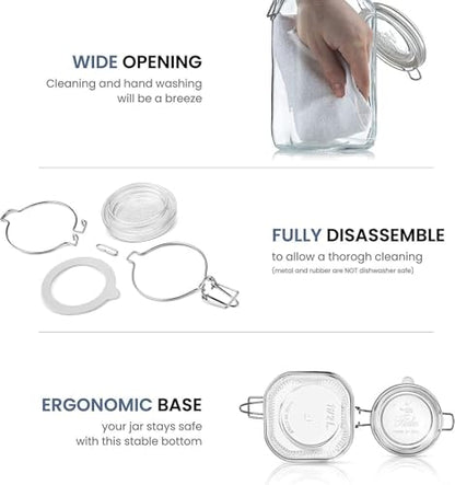 Bormioli Rocco Fido Squared Wide Mouth Glass Jar with Airtight Gasket Clamp Lid for Canning and Food Storage, Clear Top, 50.75 oz.