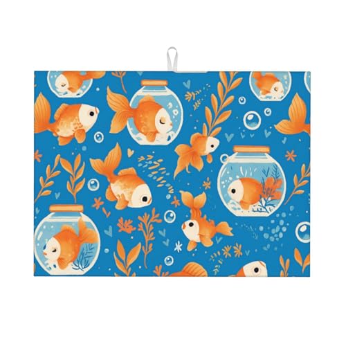 Cute Fish Fishbowl Leaf Dish Drying Mat for Kitchen Counter Microfiber Absorbent Reusable Washable 18x24in - color: Cute Fish Fishbowl Leaf