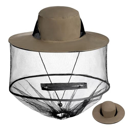 Sucrain Mosquito Head Net Hat Sun Hat Garden Bug Hat with Hidden Net Mesh for Outdoor Gardening Beekeeping - color: Hot Beige
