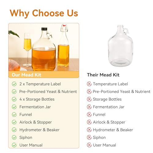 Mead Making Kit for Beginners - Complete Home Brewing Starter Set with Reusable Supplies, 1 Gallon Glass Honey Wine Fermentation Jar with 4 Pcs Bottles Yeast & Nutrients Hydrometer Operation Guide - size: 1 Gallon Kit with 4 Bottles