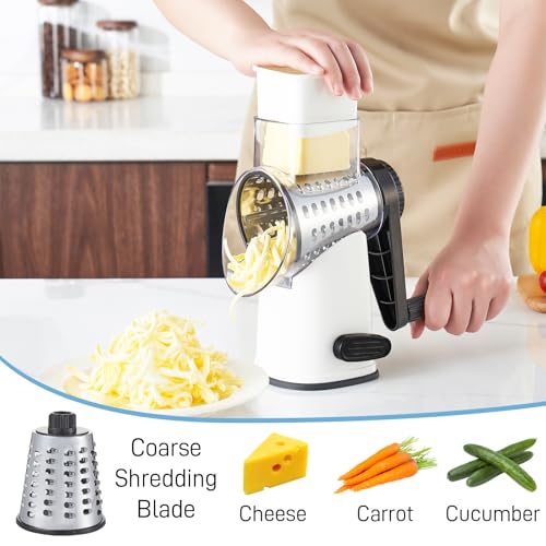 VEKAYA Rotary Cheese Grater Hand Crank, White | 4 Interchangeable Stainless Steel Blades, Large Manual Handle Shredder, Waffle Slicer for Vegetables, Cheese and Nuts - color: White