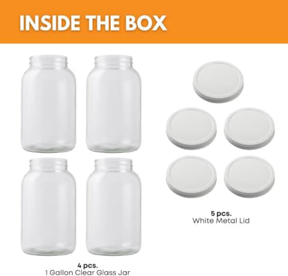 FastRack 4-Pack 1 Gallon Glass Jar with 5 Airtight Metal Lids (1 Extra Bonus Lid) | Wide Mouth Jars for Fermenting, Pickling, Sourdough Starter, and Home Brewing | Heavy Duty Food Storage Canisters - size: 4 Pack