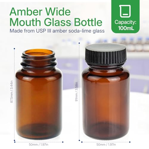 100 ml(3.3 OZ) Amber Glass Wide Mouth Packer Bottle with Black Ribbed Cap,UV Light Resistant Jars for Pills, Capsules, Essential Oils, DIY Salves - Airtight Storage Container， Pack of 24 bottles - size: 3.3 OZ