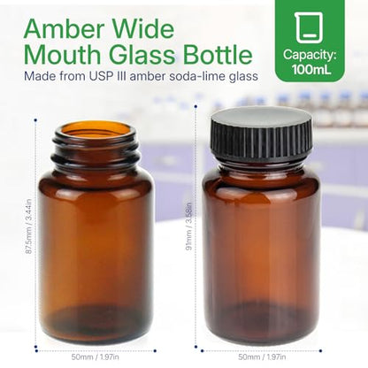 100 ml(3.3 OZ) Amber Glass Wide Mouth Packer Bottle with Black Ribbed Cap,UV Light Resistant Jars for Pills, Capsules, Essential Oils, DIY Salves - Airtight Storage Container， Pack of 24 bottles - size: 3.3 OZ