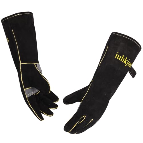 Leather Oven Gloves for Women Man, Heat Resistant Fire Long Sleeve Gloves for Tig Mig Stick BBQ Fireplace Animal Handling (16in) - color: Black-crey, size: Large