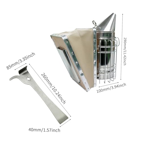 Beehive Smoker Kit with Hive Scraper - Heavy Duty Stainless Steel with Heat Shield Upgraded Leather Bellow | Suitable for All Beekeepers