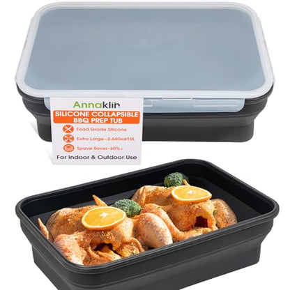 Silicone Collapsible Marinating Container with Lid for Meat, 2.64Gal/10L, Extra Large Collapsible BBQ Prep Tub, Transparent Locking Lid, XL Grill Prep Trays and Carry System, BBQ Must-Have, Black - color: Black | 1 Pack | 2.64 Gal