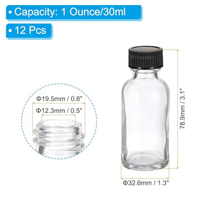 PATIKIL 1oz(30ml) Glass Sample Bottles, 12Pcs Round Bottle Dispensing Bottles with Black Poly Cone Cap for Reagent Liquids, Juice, Perfume Hot Sauce Ginger Shots, Transparent - color: Clear,Black, size: 1 oz