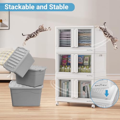 BROVIEW 300Qt Plastic Foldable Storage Bins with Lids & Doors, 75Gal Stackable Closet Organizer and Storage Drawers with Wheels, Collapsible Storage Cabinet, Shelves for Home Kitchen, V10 3Pack White