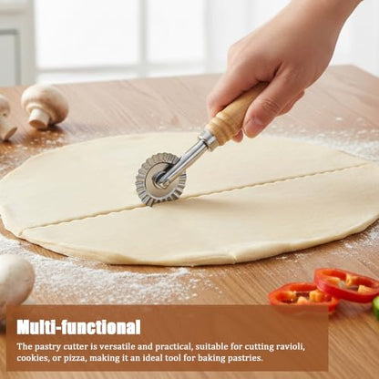 Pastry Cutter Wheel, Crinkle Wheel with Beech Wood Handle | 304 stainless steel crinkle blade, beech wood handle, multi-use for pizza pasta pastry cookie ravioli, 5 variants - color: Long Handle Small Cutter Wheel