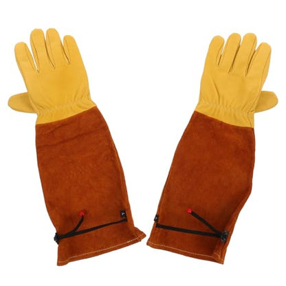 HANABASS Long Sleeve Goat Leather Gardening Gloves Puncture and Cut Resistant Yard Work Gloves for Men and Women Brown Cowhide Cuff Size L Suitable for Pruning and Beekeeping