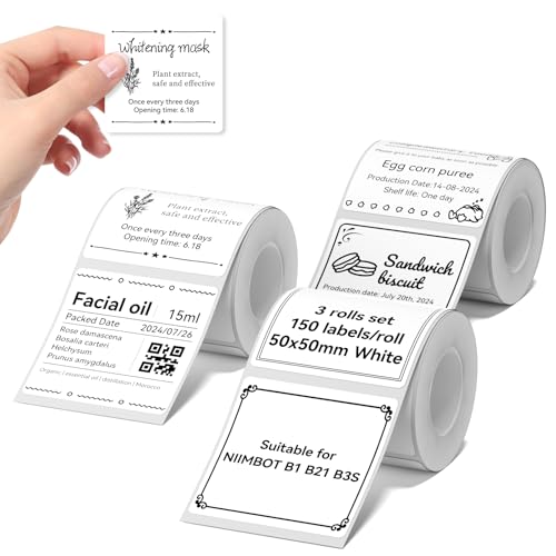 NIIMBOT Labels 3 Rolls Set for B1/B21/B31 Sticker Printer, 50x50mm (1.97'' x 1.97'') 150 Labels/Roll, Refill Labeling Tape for Home School Office Small Business (White) - color: 50mm×50mm-white
