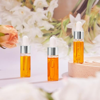 Didaey 200 Pcs 1/2/3/5/10/15 ml Mini Glass Oil Dropper Bottle Bulk, Clear Essential Small Empty Bottles Sample Containers Perfume Liquid Vials with Cap for Traveling (5 ml,Classic Silver) - color: Classic Silver, size: 5 ml