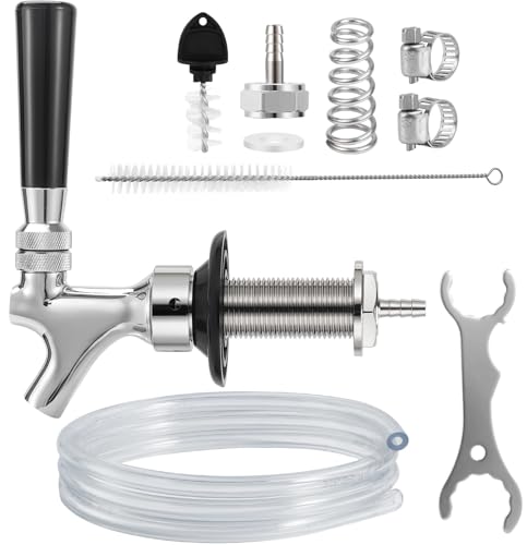 Draft Beer Line Shank Faucet Kit 3” Beer Faucet Shank Self-Closing Beer Tap Faucet Kegerator Parts Wrench 6ft 3/16” Beer Line Tubing Barb Connector Tap Brush Kegerator Conversion kit