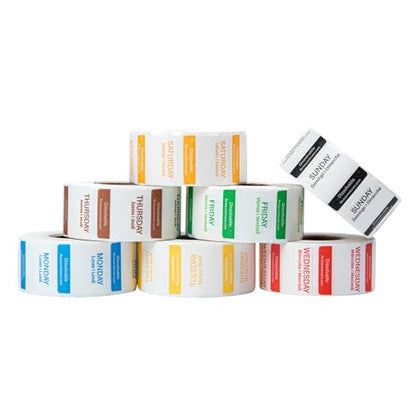 Restaurantware RW Smart 1 Inch x 1 Inch Food Rotation Labels 3500 Dissolvable Food Safety Labels - Premium Trilingual Paper Day Of The Week Labels For Food Storage Or Prep Weekly - style: 7-Day