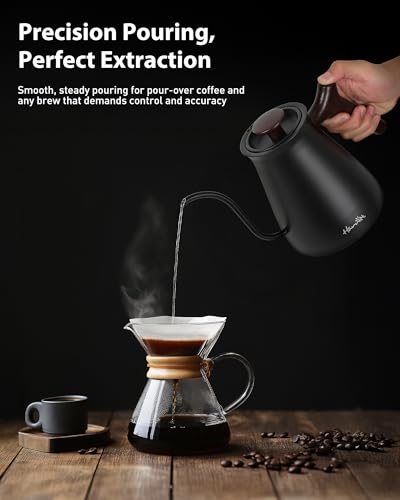 Harriet Gooseneck Electric Kettle - 1200W Fast Heat, 0.8L Stainless Steel, Precision Temp Control & Timer, Wood Handle, Pour Over Coffee and Tea, Black - color: Black