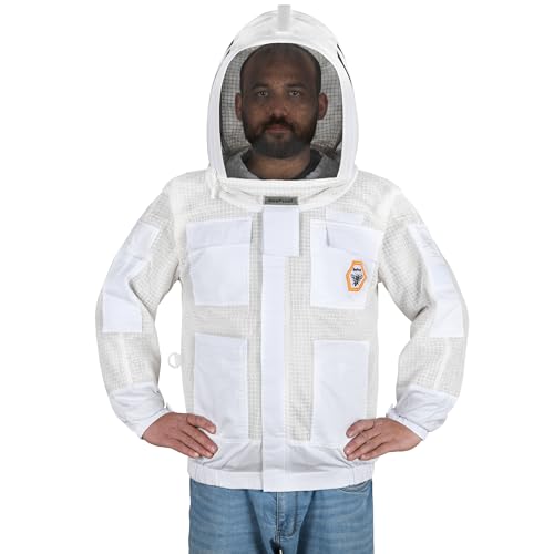 Beekeeping Jacket with Veil 3-Layer Ultra Ventilated 2 Veil Options (Fencing & Round) YKK Zippers Full Protection Suit Carrying Bag (BP-302-White)-XL - color: White 2 Veils, size: XL