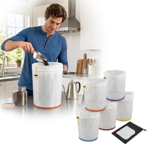 5 Gallon Nylon Mesh Filter Bags, 5-Pack 5-Color 25-220 Micron Reusable Strainer Bags with Drawstring, Multi-Purpose Filtration Bags for Hydroponics, Gardening, Industrial, Craft Beer, Coffee