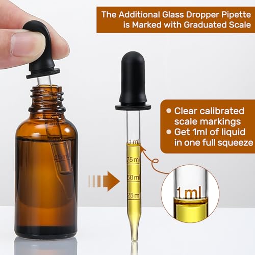 4 Pack, 1 oz Amber Glass Dropper Bottles Plus 2pcs Graduated Calibrated Glass Pipettes (1ml)- 30ml Dark Brown Tincture Bottles with Eye Droppers for Essential Oils, Liquids - Leakproof Travel Bottle - style: Plus 2 Graduated Pipettes
