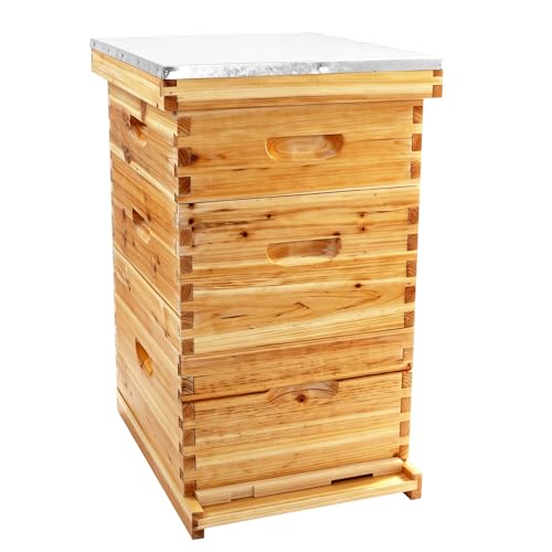 10-Frame Bee Hive Starter Kit – 100% Beeswax Coated, Langstroth Beehive with 2 Deep Boxes & 1 Medium Super, Solid Fir Wood Includes Metal Top Cover & Queen Excluder (No Frames) for Beginner Beekeepers