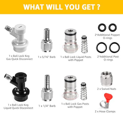Ball Lock Keg Fittings Beer Corny Keg Connectors Set Corny Keg Replacement Parts with 5/16" Gas & 1/4" Liquid Barbs and 19/32-18 Female Thread Stainless Steels Gas Liquid Post