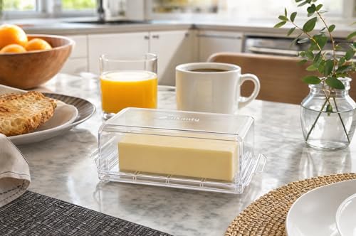 Pikanty Airtight Butter Dish with Hinged Lid - Large Plastic Butter Container for Countertop or Fridge, Fits East & West Coast Sticks, Dishwasher Safe, Made in USA - style: Butter Dish