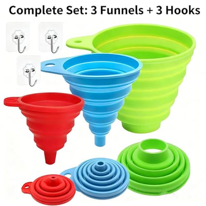 Silicone Collapsible Funnel Set 3 Pack Food Grade Funnels for Filling Bottles, Liquid Powder Transfer Kitchen Funnel with Wall Hooks (3* funnels,wall Hooks* 3)