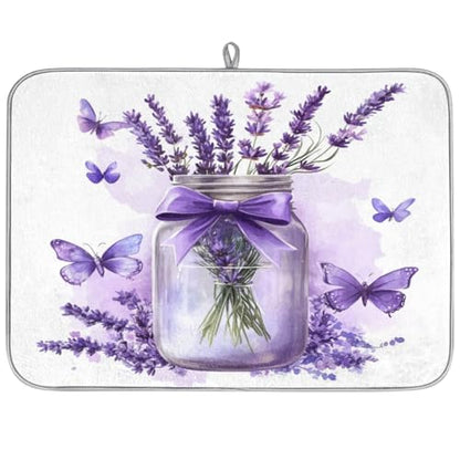 Lavender Mason Jar Dish Drying Mat Kitchen Counter Mats 16" x 18" Microfiber Absorbent Dry Pads for Coffee Bar Non-Slip Dishes Pad - size: 16x18 in