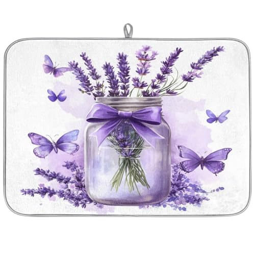 Lavender Mason Jar Dish Drying Mat Kitchen Counter Mats 18" x 24" Microfiber Absorbent Dry Pads for Coffee Bar Non-Slip Dishes Pad - size: 18x24 in