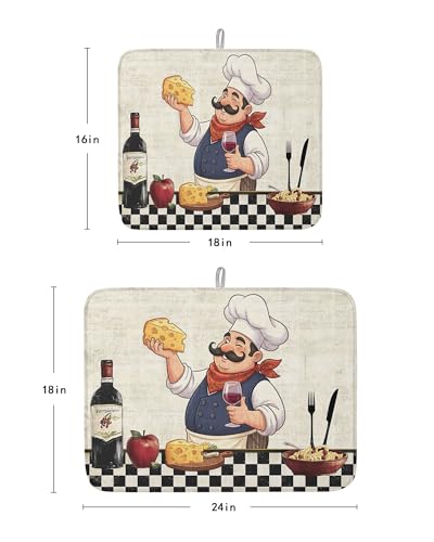 Dish Drying Mat for Kitchen Counter,Smiling Chef Cheese Wine Absorbent Microfiber Drainer Rack Pad Retro Kitchen Art Quick Dry Mat for Sinks Dishes Utensils 16x18in,1 Pack - size: 16x18inx1pcs